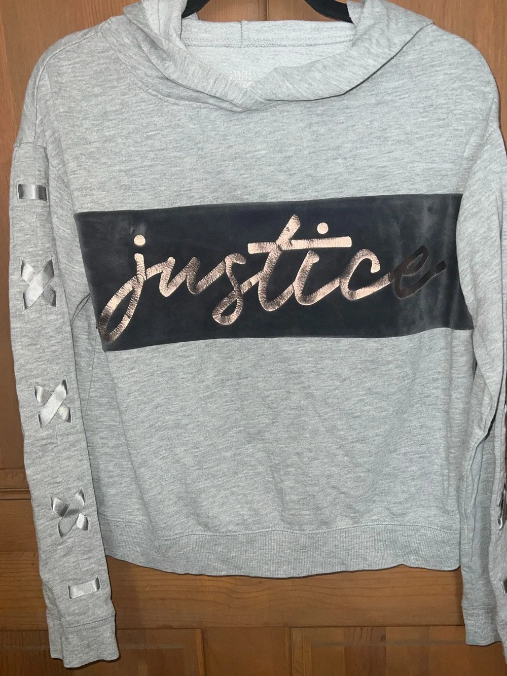Justice Gray Hoodie with Rose Gold Logo and Silver Sleeve Crisscross Ribbon